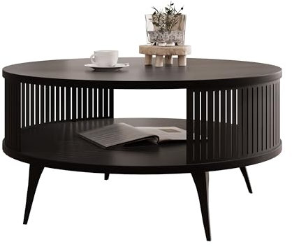 Mirjan24 Couchtisch mit Ablage Rajkon, Runde Form, Metallbeine, Kaffeetisch, Wohnzimmertische, Beistelltisch, Sofatisch, Teetisch (Schwarz Molet, Schwarz)