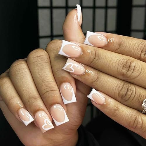 Press on Nails kurz - 24 Stück Weiße Französische Nägel mit Herz Fake Nails Full Cover mit Nagelkleber, Quadratische Nägel zum Aufkleben Acryl Künstliche Fingernägel für NailArt (Silber Glitzern, 24x)
