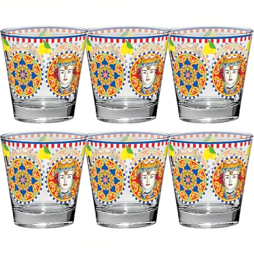 Sicignano | Bicchiere Acqua Nadia 250 ml Confezione da 6 Pezzi, Vetro Decorato Caltagirone, Lavabile in Lavastoviglie, Adatto al Contatto con Alimenti
