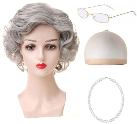 SDXCJY 4-teiliges Set: Graue Oma-Perücke mit Locken, Perückenkappe, Perlenkette und Brille - Kurze Locke, Einheitsgröße, Grau