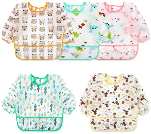 YARVPUV 5 Pièces Bavoirs Manches Longues Bebe Imperméables Bavoirs Manches Longues Lavables Bavoir Imperméable Bébé pour 6-36 Mois Tablier Bébé pour Manger Peinture Artisanat Jeux - Unisexe