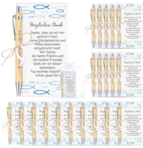 Tenare 20 Sets Kommunion Geschenk Kugelschreiber, Fisch Blau, Holz Fisch | Mit Kommunion Karte, Fisch Organzabeutel, Danke Karte, Schön Dass du da Bist, für Taufe, Konfirmation