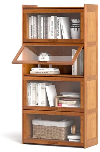 KOMFOTTEU Scaffale a 4 livelli con ante in acrilico apribile, libreria in bambù con dispositivo antiribaltamento, mobiletto per soggiorno, camera da letto, ufficio, 69 x 34 x 140 cm (marrone)