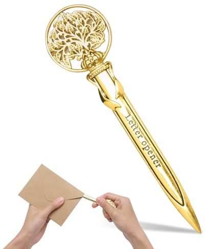 Ouvre-lettres rétro doré – Couteau à papier élégant en alliage de zinc avec poignée vintage arbre de vie pour bureau, maison, école, cadeau pour lui, elle, petit ami, petite amie, mari, épouse