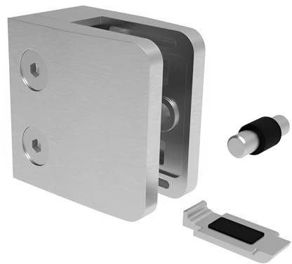 PRIOstahl Glashalter Glasklemmen Klemmhalter Glasplattenhalter - 1 Stück Größe: 52 x 52 x 32 mm mit Sicherungsstift & Sicherungsplatte Anschluss: Flach - für Glas 12 mm aus Edelstahl V2A