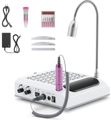 Trsaow Taladro de uñas eléctrico 6 en 1, 30000 RPM, aspirador profesional, potente aspirador de 80 W, luz LED giratoria de 6 W, silencioso, con 3 limas para uso doméstico en salones (blanco)