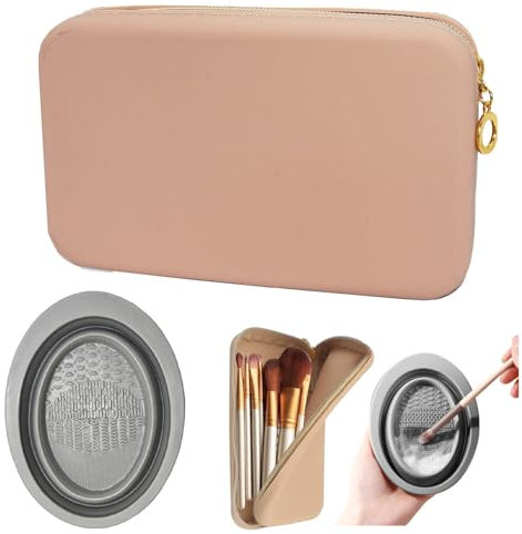 SHENSAlGO Silicone Makeup Brush Bag, Makeup Bag for Travel with Zipper, Make up Brush Holder Case with Foldable Brushs Cleaner Pad, Portable Make up Organiser Bags for Toiletries Cosmetic Sunglass