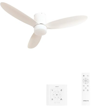 CREATE / WIND LITE/Ventilador de techo con luz blanco con controlador pared y mando / 40W, Silencioso, Ø132 cm, 6 velocidades, programable, función verano-invierno, luz led 3 temperaturas