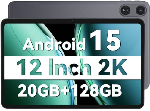 JIKOCXN Android 15 Tablet 12 inch Tablet with 2000x1200 2K Display, 20GB RAM 128GB ROM 2TB Expand, T7250 Octa-Core Processor, 8000mAh, Widevine L1, GPS, BT5.2, WiFi 5, Dual Camera (Black)