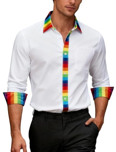 Ailisus Rainbow Shirts for Men White Long Sleeve Button Up Casual Dress Shirt Gay Les LGBTQ Outfit Pride Love Striped Shirt
