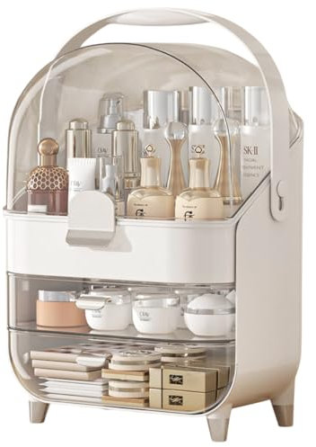 Multi-Purpose Makeup Organiser Case with Lid - Dustproof Cosmetic Storage Box for Skincare Products, Jewellery, Perfumes, Lipstick for Bedroom Bathroom Countertop (White/Silver)