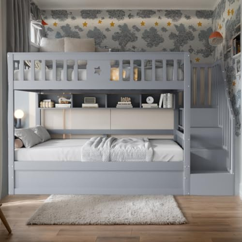 Soweiz Holzbett 90x200CM, Kinderbett mit stauraum, Unterbett hydraulisch, Stauraumtreppe, Regale, Hochbett, Etagenbett 2 Kinder, Jugendbett (Grau)