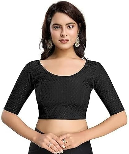 Accessorize Kingdom Women's Dobby Pure Cotton Elastin Stretchable Readymade Round Neck Elbow Length Sleeves Blouse Choli Stylish Saree Blouse (Black, XL)