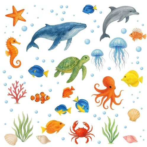 Unterwasser-Wandaufkleber für Badezimmer-Dekor, Ozean-Tiere, abnehmbare Vinyl-Aufkleber mit Wal, Delfin, Schildkröte, Fisch, Oktopus, Seepferdchen, Quallen, Korallen und Meerespflanzen – lustiges