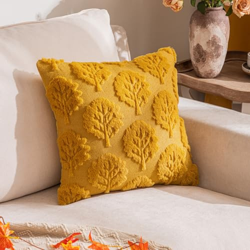 Fouriding Herbstblätter Plüschkissenbezüge 45cm 2er-Set, Quadratische Eichhörnchen-Stickerei Kissenbezüge Winter-Zierkissenbezüge für Sofa Couch Wohnzimmer Feiertagsdekoration (Gelb)