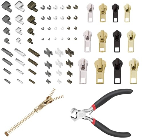 73-teilig mit Zange – Repair Zip Reißverschluss Zubehör aus Zinklegierung, Metall Reissverschluss Ersatzteile #3#5#8#10, Komplettes Reißverschluss Reparatur Set für Kleidung, Taschen & Zelte