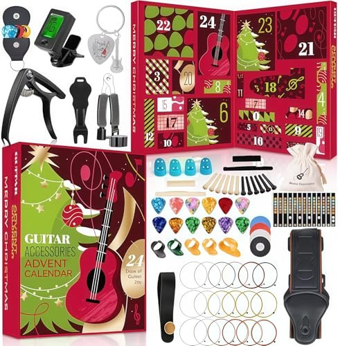 WREWING Gitarre Adventskalender 2025 für Erwachsene & Teens - 24 Tage Countdown mit Plektren, Kapodaster, Stimmgerät, Saiten, Gitarrenzubehör - Geschenk für Weihnachten