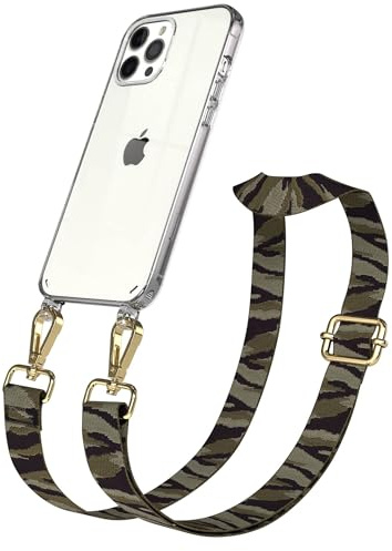 EAZY CASE Handykette - Verstellbares Taschenband kompatibel mit iPhone 12 Pro Max, Schulterriemen, Handykordel mit Silikon Hülle, Umhängetasche, Grün Camouflage Gold