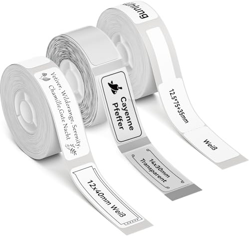 NIIMBOT Etiketten Wasserfeste Selbstklebender Etikettenband für D11 D110 D101 Etikettendrucker, 3 Rollen Thermoetiketten für Zuhause Büro, 12x40 mm Weiß, 14x30 mm Klar, 12,5x109 mm Weißes Kabeletikett