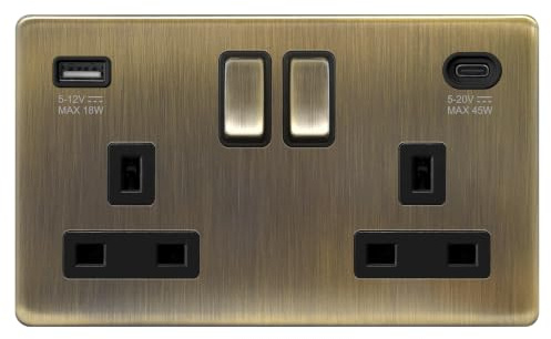 EVOGES Terra 2 Gang Switched Socket with USB-C 45W & USB-A Fast Charge – 13A Double Pole Wall Socket, Fits Standard UK Back Boxes (Antique Brushed Brass)