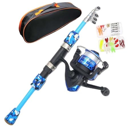 RCGOFOLLOW Canna da pesca e mulinello per bambini, set completo di canna da pesca telescopica con borsa porta esche per spiaggia o lago, attrezzatura da viaggio per ragazzi e, Blu, 38.5 cm-120 cm