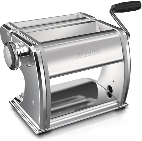Arendo - Nudelmaschine Pasta Maker – Edelstahl – Nudelpresse – 7 einstellbare Stärken - manuell - Duplexvorsatz für Tagliolini Spaghetti Fettuccine Tagliatelle 2mm und 6 mm - Silber