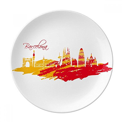 Plato de postre de porcelana decorativo, diseño de Barcelona con silueta de la ciudad, color rojo y amarillo, 25,4 cm