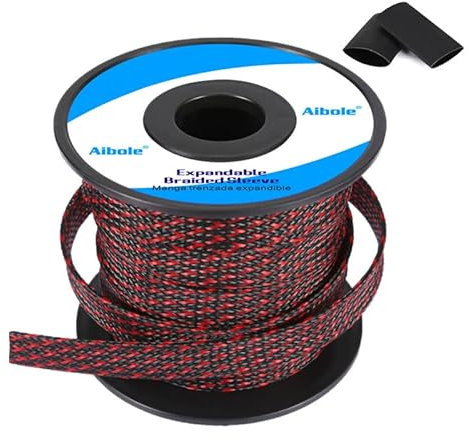 PET Expandable Braided Sleeving 100Ft-3/8 inch Wire Loom, Aibole Braided Cable Sleeve Wire Wrap,Black&Red