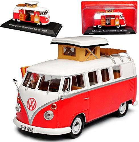 Ixo Volkwagen T1 Rot Weiss Westfalia Samba Bully Bus 1950-1967 Wohnwagen Camping 1/43 Modell Auto mit individiuellem Wunschkennzeichen