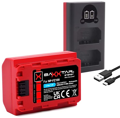 Baxxtar Pro NP-FZ100 2600mAh Kamera Akku (Generation IV) Laden mit Mini LCD DUAL Gerät - Eingang USB-C/MicroUSB - kompatibel mit Sony FX30 Alpha 6700 7 IV 7c II 7CR 7R IV 7R V ZV-E1 etc.