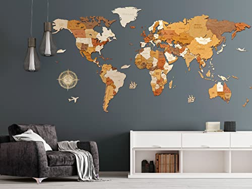 68travel Carte du monde en bois pour décoration murale - bois teinté multicolore, multicouches, noms gravés - Effet 3D unique - Pour salon, bureau ou chambre (MEGA 300x150 cm - Traveler)