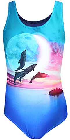 Aquarti Mädchen Badeanzug mit Ringerrücken Print, Farbe: Delfine Mond Rosa/Blau, Größe: 122