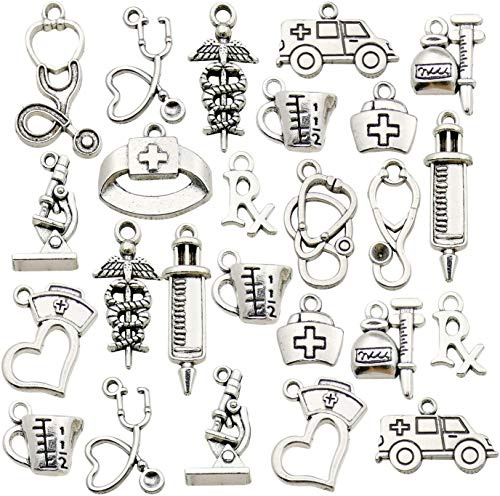 Chandler 60 Stück/Set Bastelbedarf, Antik-Silber, medizinische Krankenschwester-Anhänger, Stethoskop-Anhänger für Schmuckherstellung, Bastelzubehör, Zubehör für DIY-Halsketten, Armbänder, Alle