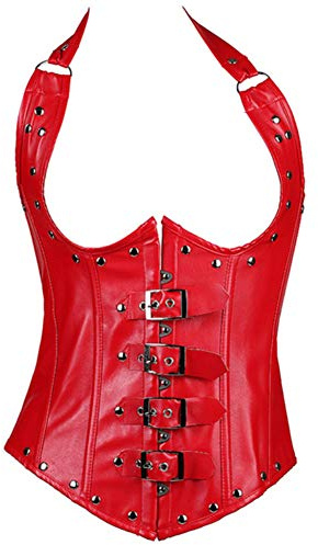 E-girl Damen Overbust Korsett Kunstleder Stahlstäbe,EU 34-52 | Kunstleder, vordere Schnallen, Halstergurte, Nieten, hintere Schnürung, verstellbare Schnur, Gothic, Stahlstäbe