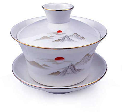Gaiwan Taza de té grande de porcelana blanca Sancai Set de taza de té con patrón de belleza Tapa Sol (9 oz mediano)