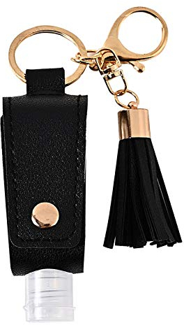Travel Bottles Keychain Holder 30ML Empty Squeeze Bottles Hand Sanitizer Carrier Leather Keychain Refillable Container with Tassel - Black