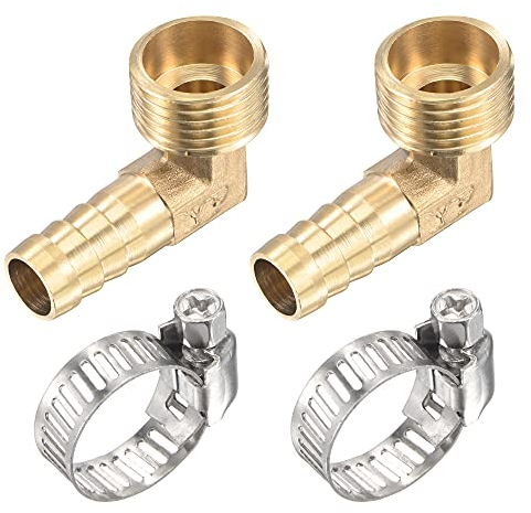 sourcing map 2 Stück Messing Schlauchanschluss Winkelstück 12mm x G1/2 Außengewinde Rechtwinkliger Rohrverbinder mit Schlauchklemme aus Edelstahl