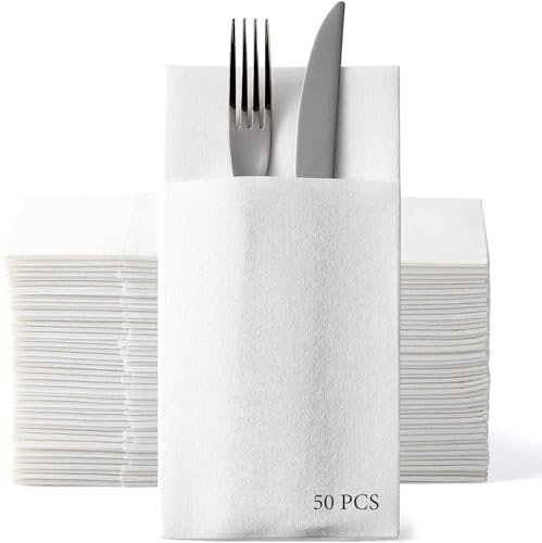 LEKOCH 50 pcs Qualite Serviette Porte Couvert Jetable Blanc Serviette de table Intisse Epaisse Blanc avec poche pour mariage, Noël ou la fête 43 * 30cm