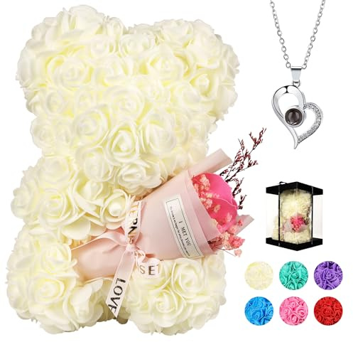 POHOMEGK Mothers Day Rose Bear Gifts for Mum Mothers Rose Bear, Rose Teddy Bear, Gifts for Women, Valentines Gifts for Kids, Birthday, I Love You Necklace in 100 Languages（White）