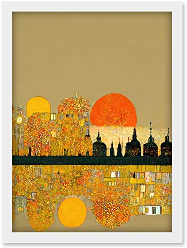 Doppelganger33 LTD Klimt Inspired Autumn Sunset City Skyline Patterns Artwork Framed Wall Art Print A4