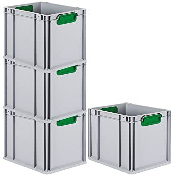 PROREGAL SuperSparSet 4x Eurobox NextGen Color | HxBxT 32x30x40cm | 30 Liter | Griffe grün geschlossen | Glatter Boden | Eurobehälter, Transportbox, Transportbehälter, Stapelbehälter