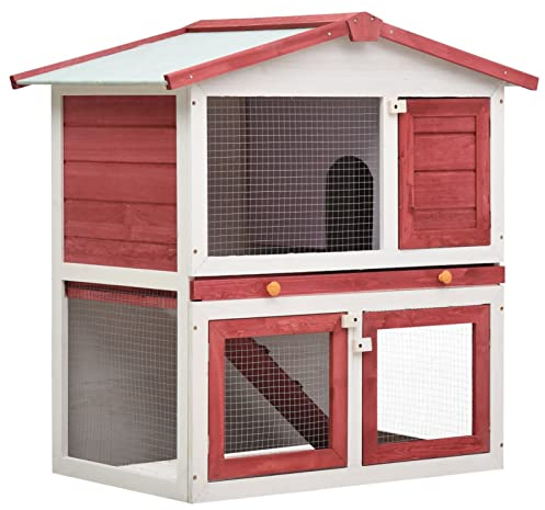 Gecheer Kleintierstall Hasenhaus 2 Ebenen 94 x 60 x 98 cm (L x B x H) Mit 3 Türen aus Holz ist perfekt für kleinere Haustiere,Kaninchenstall Kleintierhaus Hasenstall Mit Rampe Rot und Weiß