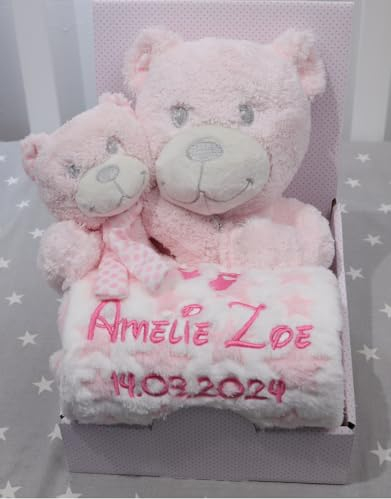 BotoBaby ★ Maxi Geschenk-Set Babydecke mit Namen und Datum Bestickt + Plüschtier + Schmusetuch ★ Geschenk ★Geburt ★ Taufe ★ (Set 12, 3-Teiliges Set)