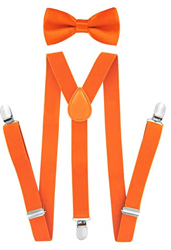 axy Kinder Jungen Hosenträger-Y Form 2,5cm breit mit Fliege - 3 Stabile Clips für Kinder 7-12 Jahre alt (Orange)