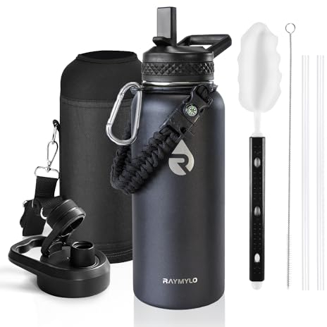 RAYMYLO Bouteille d'eau isotherme de 950 ml en acier inoxydable à triple paroi (froide pendant 48 heures), anti-fuite et sans BPA, carafe d'eau moderne avec poignée en paracorde et couvercles à bec à