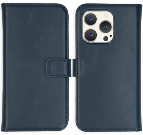 SELENCIA Bookcase Hülle kompatibel mit iPhone 15 Pro – Era Leder Handytasche Side Flip Case – Handyhülle aus Rindsleder in Blau [3 Kartenfächer, Magnetverschluss]