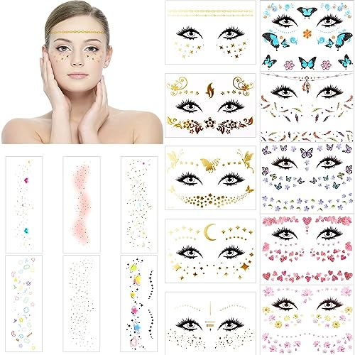 VEGCOO 16 Blätt Tattoo Aufkleber, Metallic Temporäre Tattoo, Wasserdichte Festival Accessoires, Temporäre Tätowierung, Gesicht Gold Flash Aufkleberr für Frauen Jugendliche Body Art Party