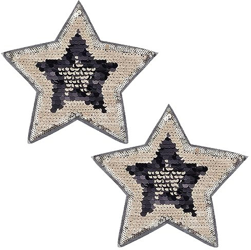 INFUNLY 2 Stück Stern-Pailletten-Applikations-Patch8.6 X8.6 SterneBestickte Perlen-PatchesSchwarz-Goldene Glitzernde Stern-Pailletten-Applikation Für KleidungDIY-AufnäherAufnäher Für StoffHutJacke
