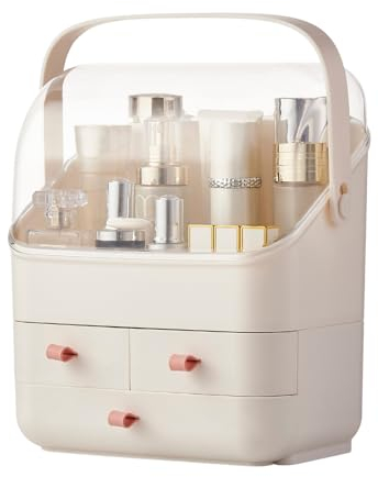 Makeup Organiser Holder with Lid Cosmetic Storage Case Ivory White Beauty Essential Box Dust Free Waterproof Cover Portable Handle Fully Open Drawers Bathroom Countertop Bedroom Dresser