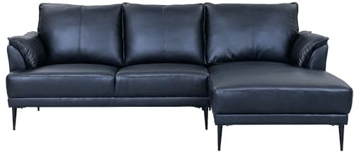 Furnhouse Soul L-Form Ecksofa Ledersofa Rechts Schwarz – Hochwertiges Echtleder Sofa – Skandinavisches Design, Taschenfederkern, Metallfüße, Ottomane, Modern & Elegant für Wohnzimmer